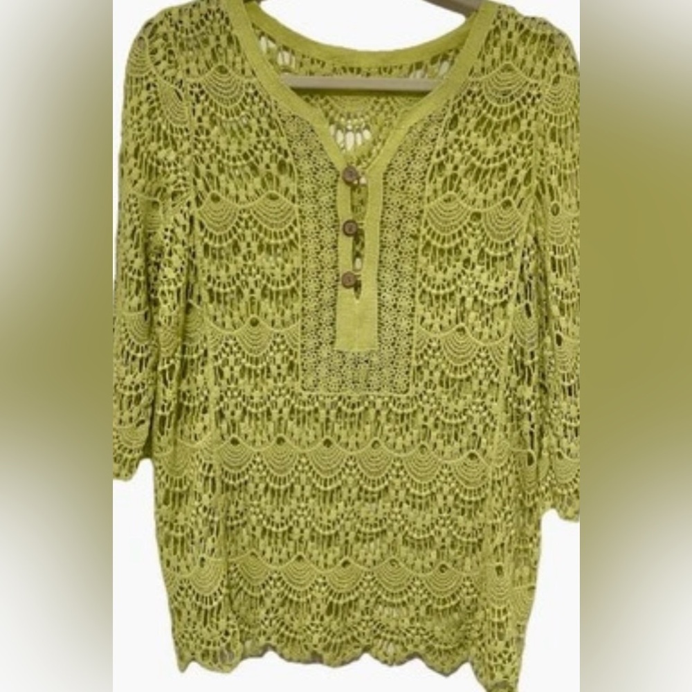 Boho Crochet Lime Green‎ Tunic Top Coastal Cowgirl Festival Cottagecore Sz XL - Picture 2 of 8